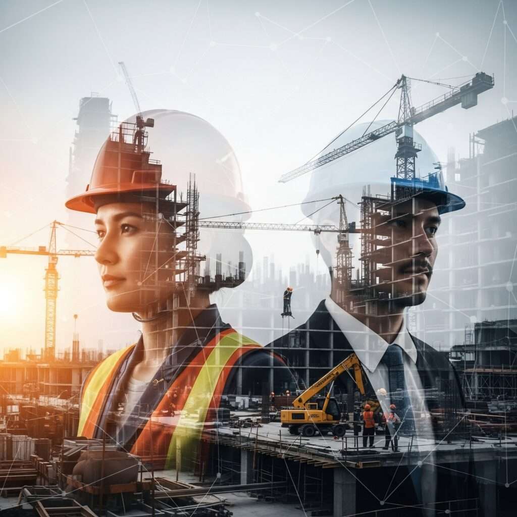Construction Professionals and Building Site Overlayed with Netw