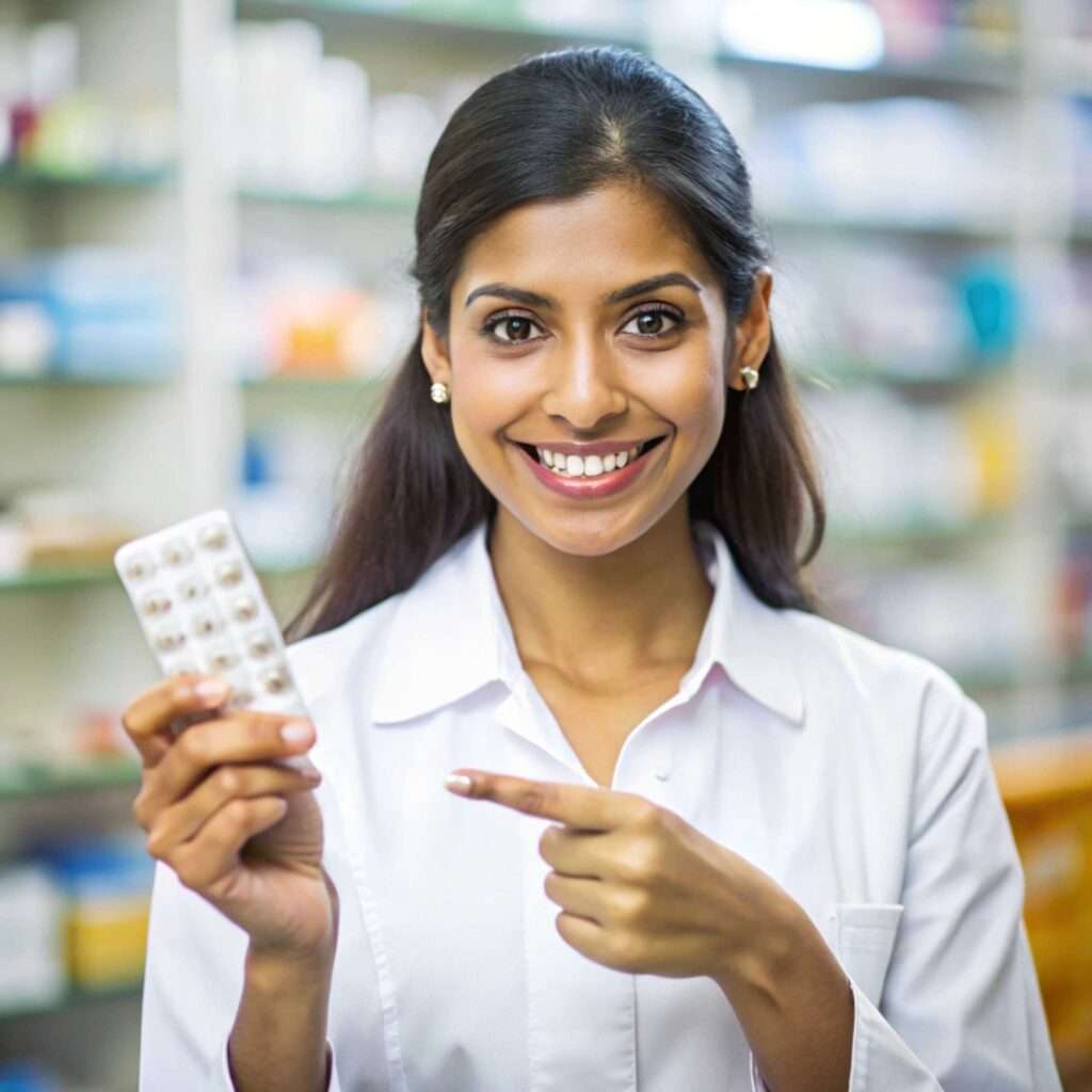 Friendly Pharmacist Highlighting Medication Options