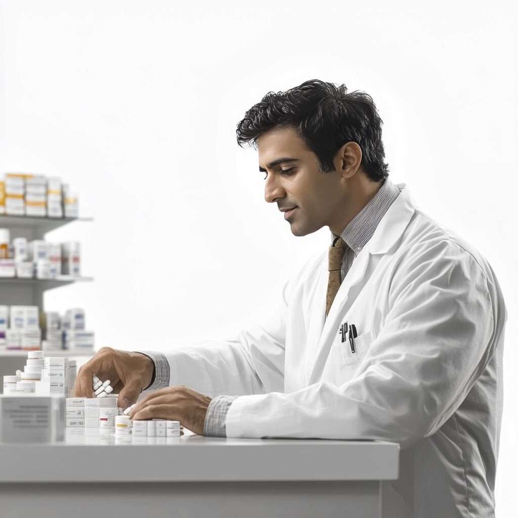 A male pharmacist in a white coat sits at a counter
