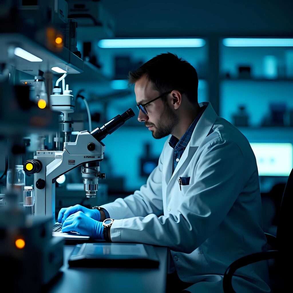 Man in a Lab Coat Focuses on Microscope to Test Theories Science