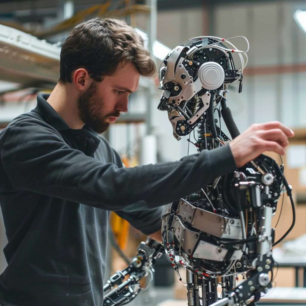 robotics-engineer-examining-robot-factory