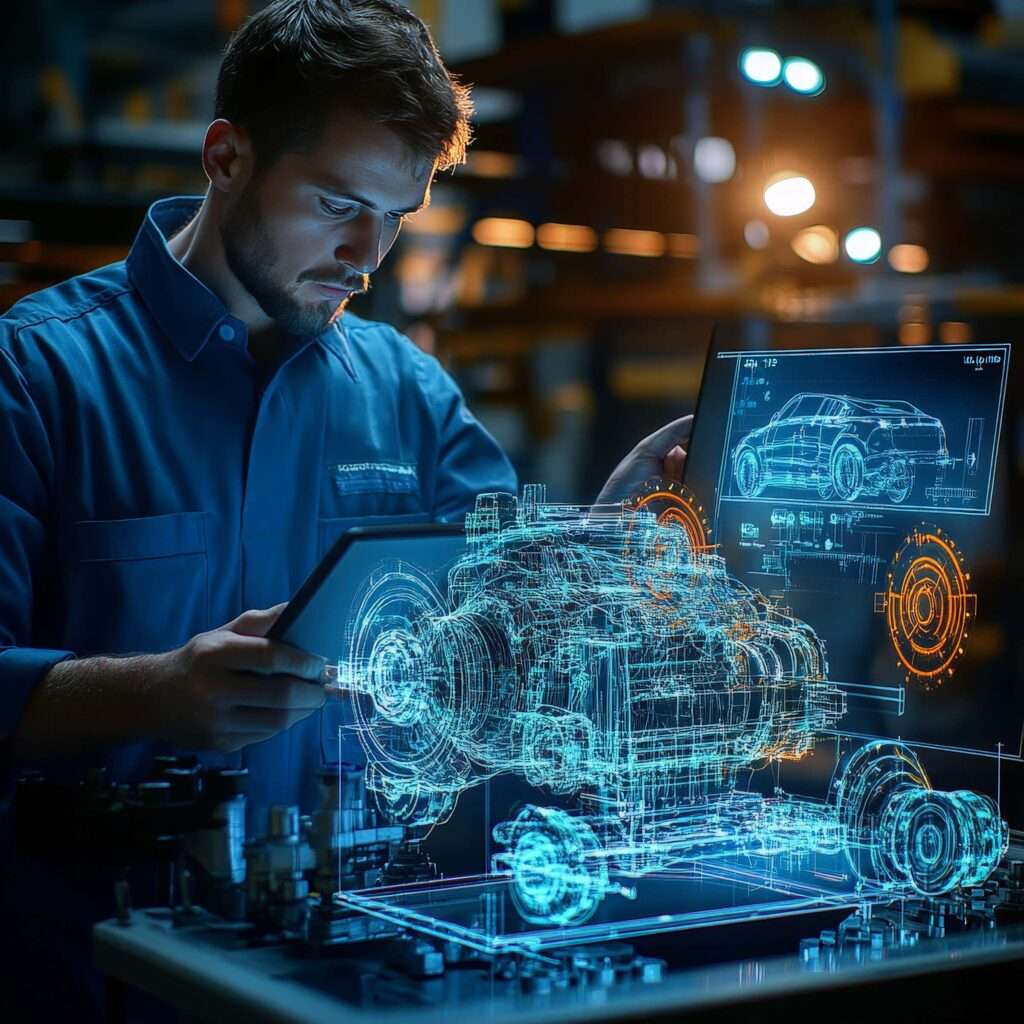 Technician using augmented reality tablet to inspect car engine in high-tech workshop